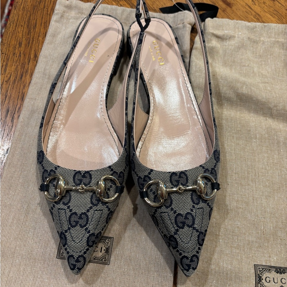 Gucci Women's GG Canvas Navy Slingback Flats - Picture 2 of 13